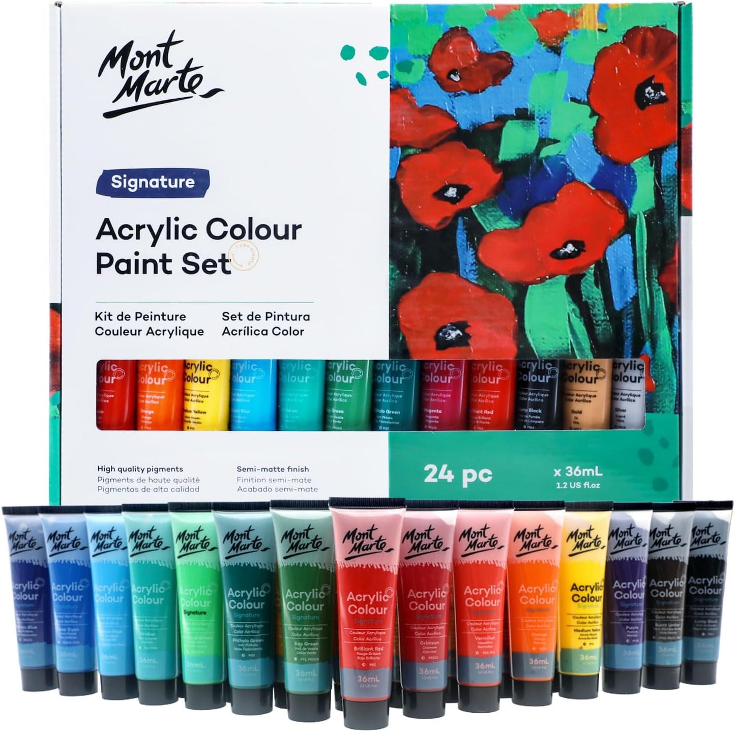Mont Marte Acrylic Colour Paint Set Signature 24pc x 1.21 US fl.oz (36ml), Acrylic Paint Kit Ideal for Canvas, Wood, Air Dried Clay, Cardboard and More, Great Beginner Acrylic Paint Set, Includes 24 Colors