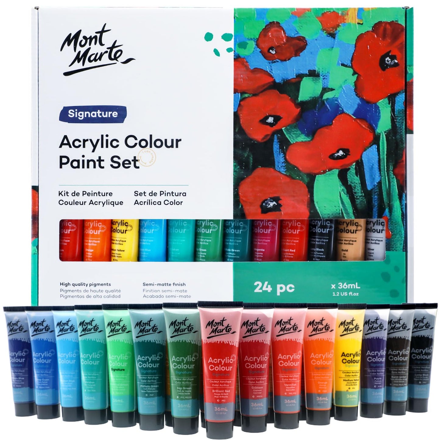 Mont Marte Acrylic Colour Paint Set Signature 24pc x 1.21 US fl.oz (36ml), Acrylic Paint Kit Ideal for Canvas, Wood, Air Dried Clay, Cardboard and More, Great Beginner Acrylic Paint Set, Includes 24 Colors