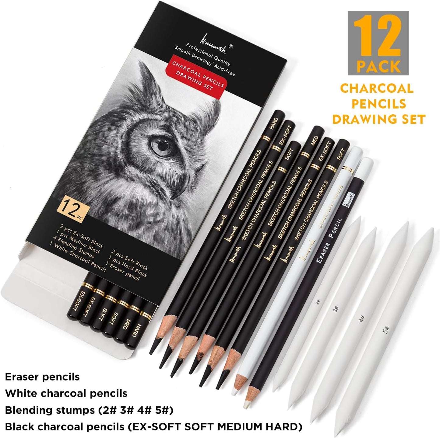 Brusarth Charcoal Drawing Set -12 pc Black charcoal pencils, White Charcoal Pencils, Eraser Pencils, Blending Stumps for Drawing, Sketching, Shading, Artist Pencils for Beginners & Artists