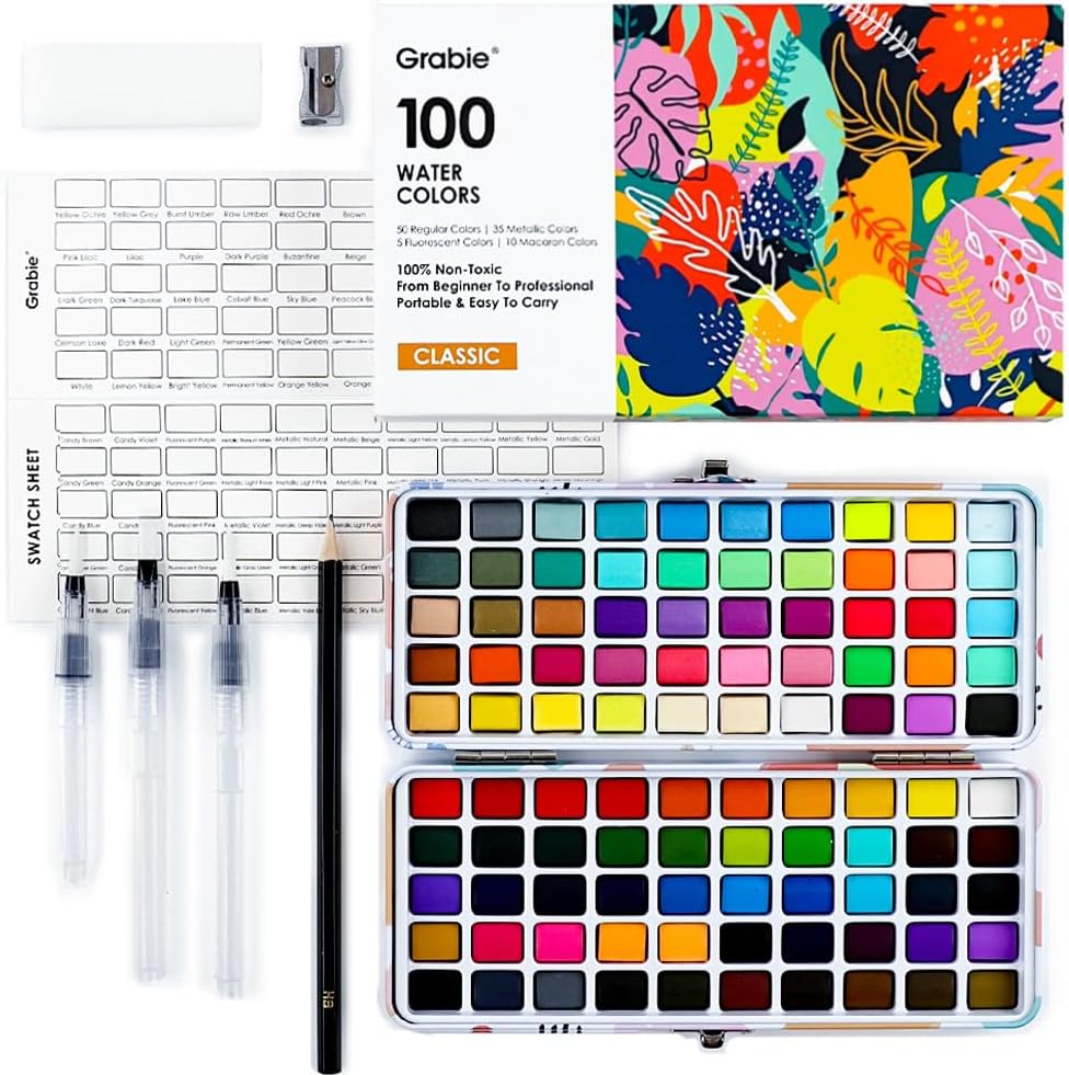 Grabie Watercolor Paint Set of 100 Color with Water Brush Pens | Water Brush Pens Included, Portable Carrying Case, High Pigment Paints, Smooth Blending, Travel Painting