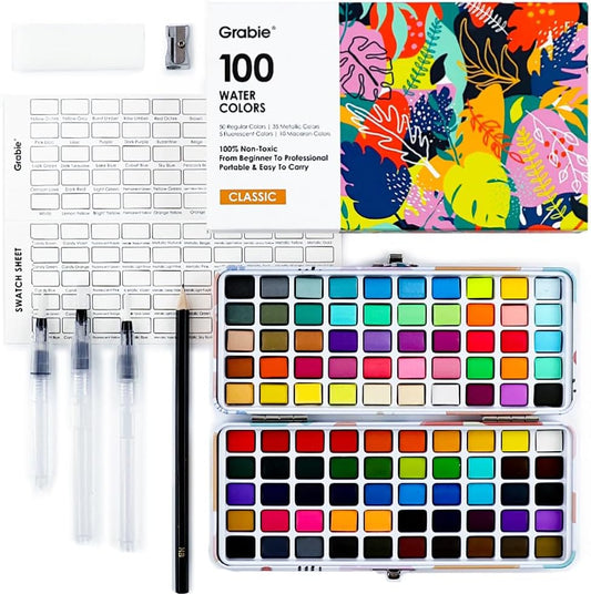 Grabie Watercolor Paint Set of 100 Color with Water Brush Pens | Water Brush Pens Included, Portable Carrying Case, High Pigment Paints, Smooth Blending, Travel Painting