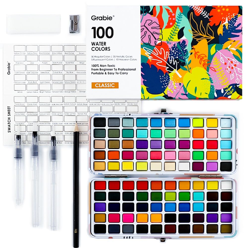 Grabie 50 Color Watercolor Paint Set with Detail Paint Brushes | High Pigment Paints, Blendable Colors, Portable Travel Case, Painting, Sketching, Illustration, Beginner And Hobby Artists