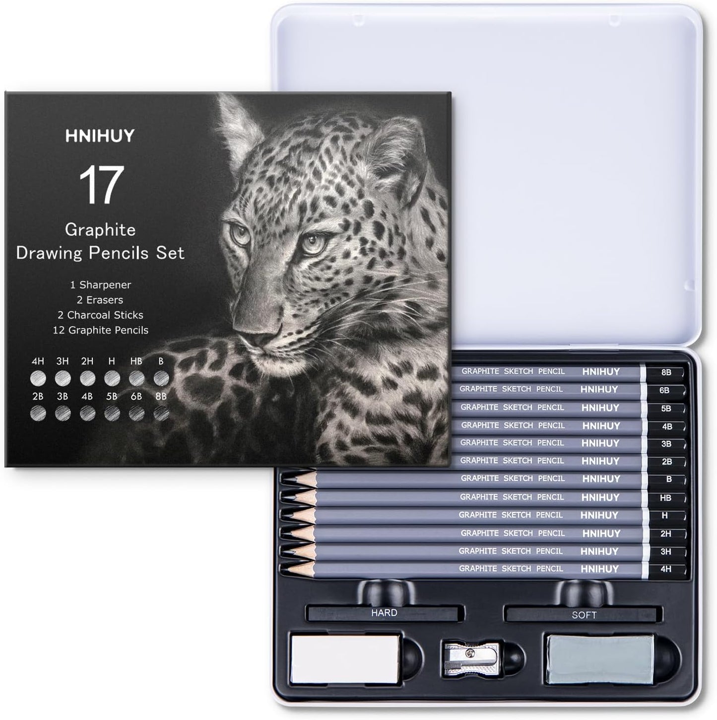 HNIHUY Professional Sketch Pencils Set, 17 Pcs, Graphite Pencils (8B-4H), Erasers and Sharpener, Art Drawing Pencil for Artists Beginner Sketching