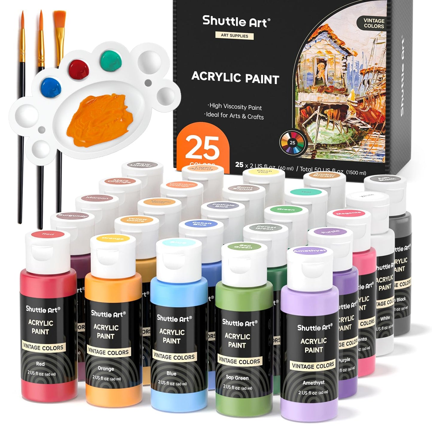 Shuttle Art Acrylic Paint, 36 Colors Acrylic Paint Set with Brushes & Palette, 2oz/60ml Bottles, Rich Pigments Non-toxic for Artists Kids & Adults, Painting on Canvas Rocks Ceramic Wood
