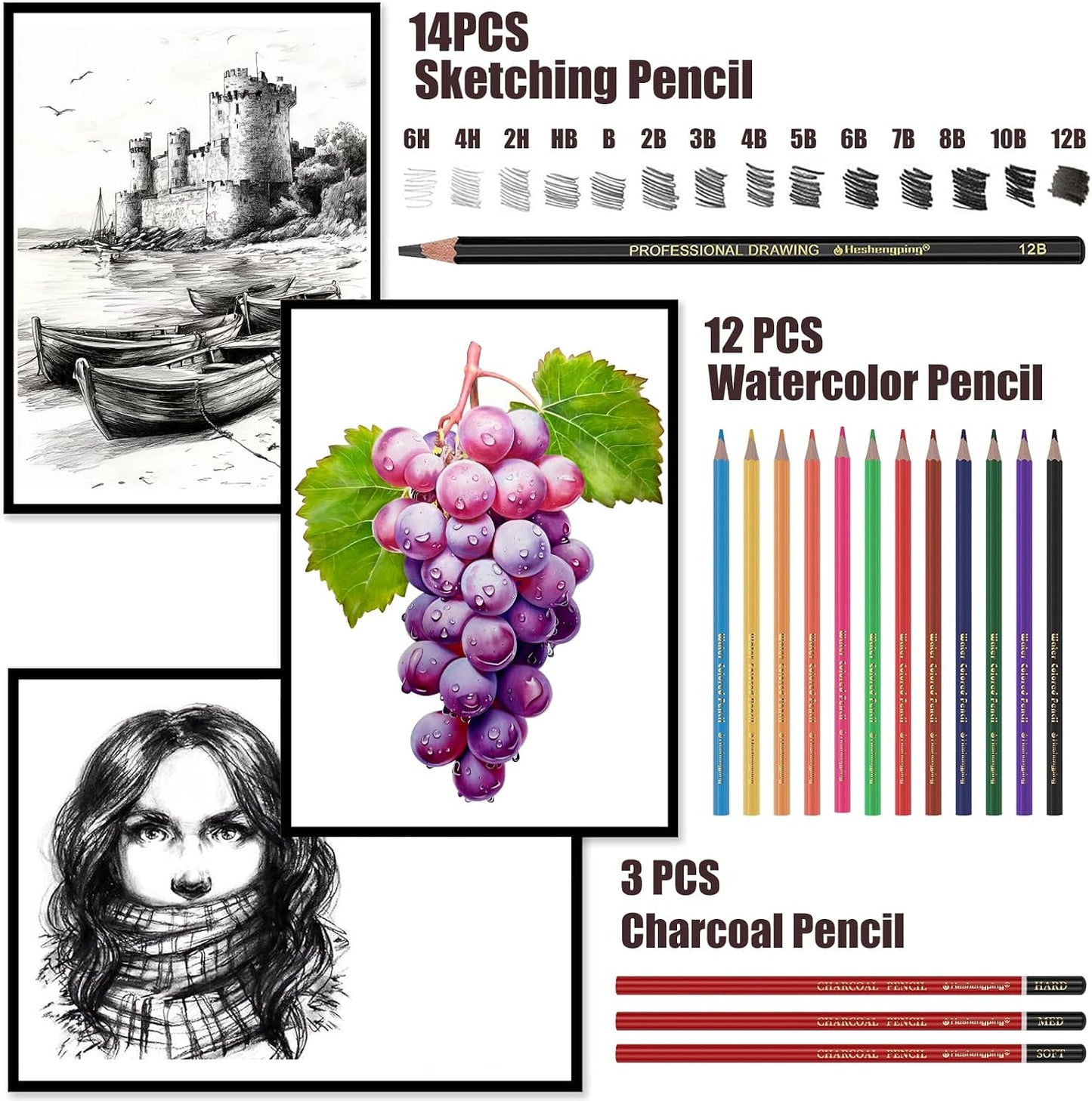 Heshengping, Sketching Pencil Set Drawing Pen Charcoal Sketch Kit Cover Graphite Charcoal Watercolor Pencils Paper Erasable Pen Beginners Artist Children and Adults(39pcs Art Supplies)