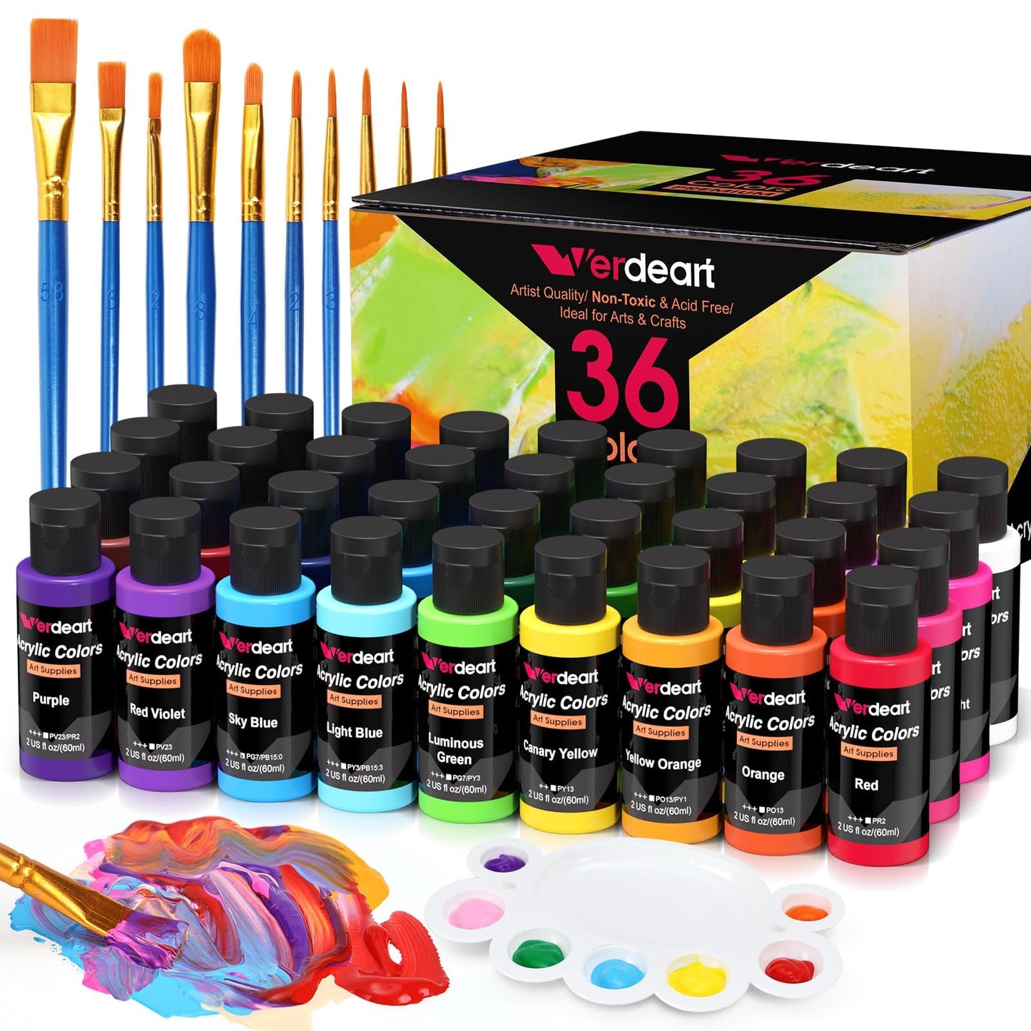 Acrylic Paint Set - 24 Colors 2 oz/59 ml Acrylic Paints for Professional Artists with 10 Brushes , Art Supplies for Painting Canvas Rock Wood Ceramic Glass Art Craft Painting, Rich Pigments Lasting Quality for Beginners