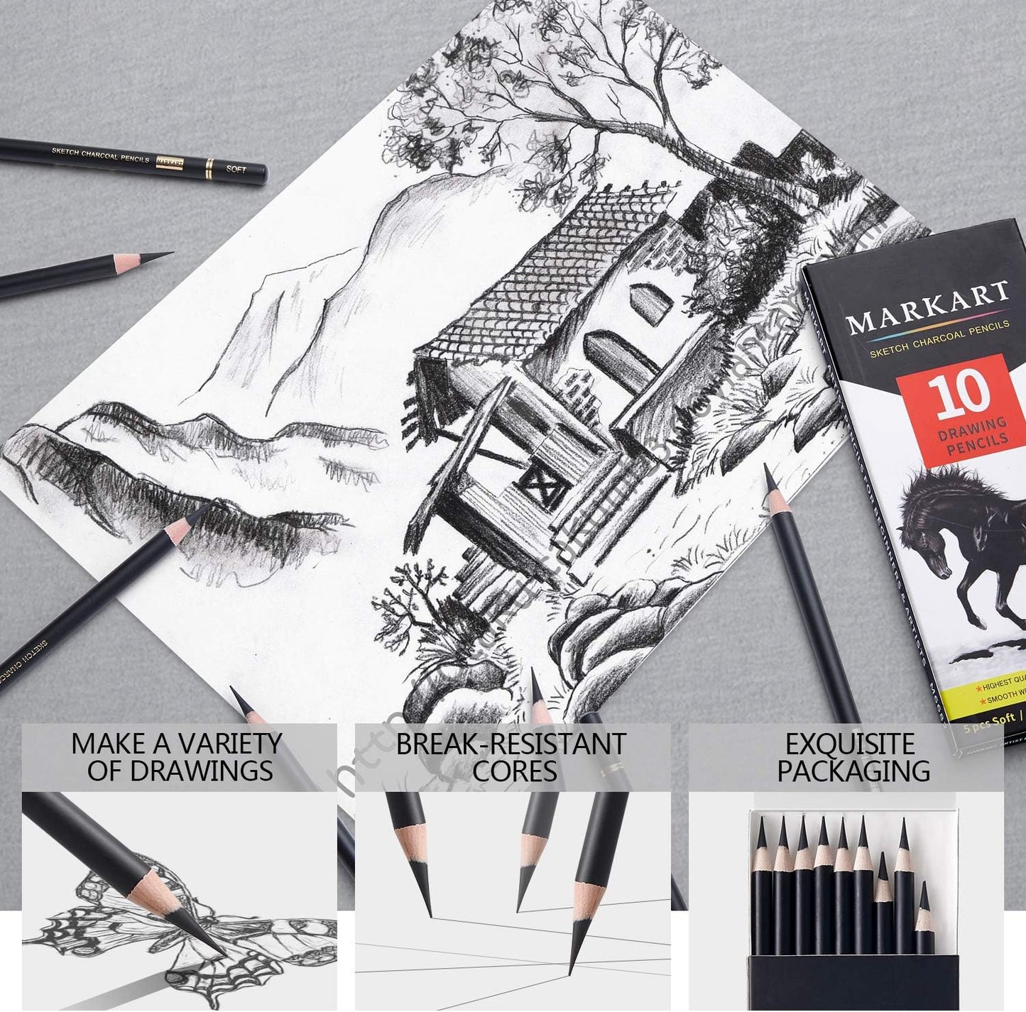 MARKART Professional Charcoal Pencils Drawing Set, 10 Pcs Soft Medium Hard | Charcoal Pencils for Drawing, Sketching, Shading, Artist Pencils for Beginners & Pro Artists