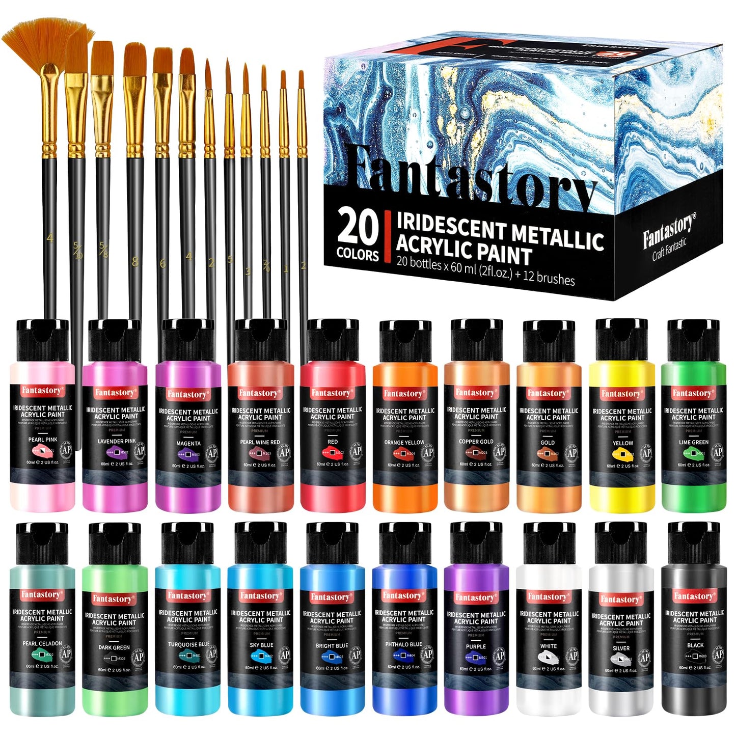 Fantastory 60ml 36 Colors Acrylic Paint Set with 12 Brushes | with 12 Brushes, Chart, Palette, Scraper, Sponge - 3 Metallic, Non-Toxic, Waterproof for Wood, Rock, Canvas, Clay, DIY, 3D