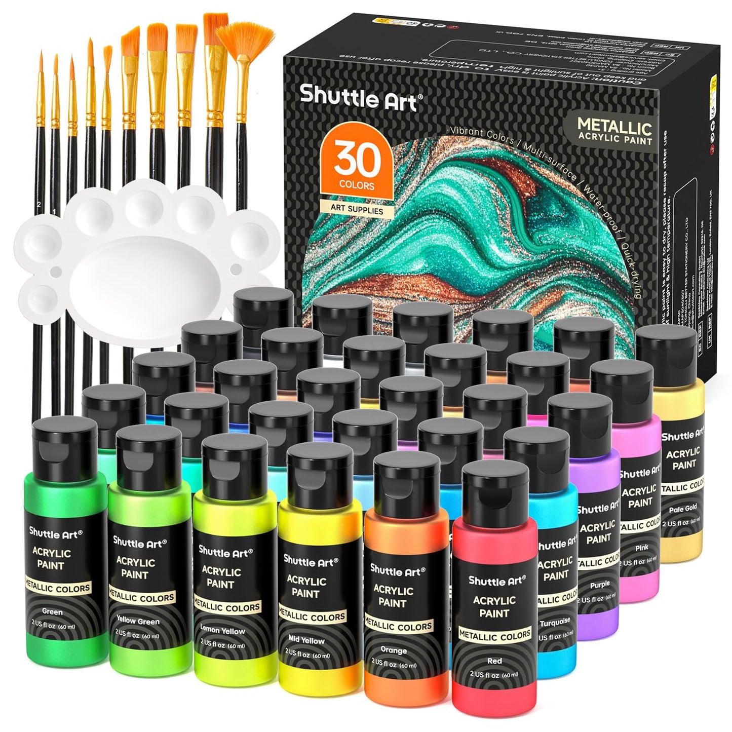 Shuttle Art Acrylic Paint, 36 Colors Acrylic Paint Set with Brushes & Palette, 2oz/60ml Bottles, Rich Pigments Non-toxic for Artists Kids & Adults, Painting on Canvas Rocks Ceramic Wood
