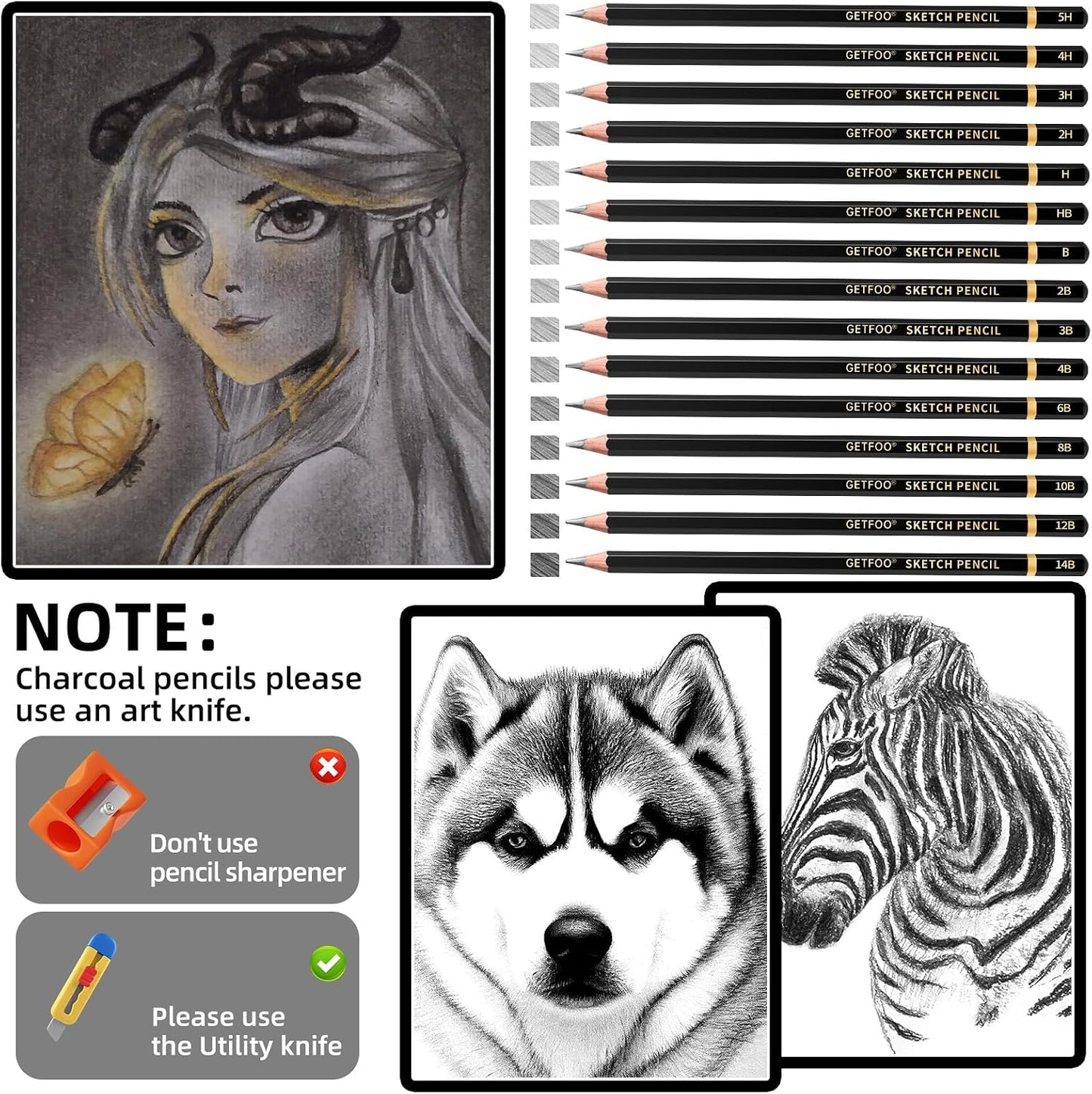 21pc Drawing Sketching Pencil Set Graphite 14B-5H & Charcoal Pencils | Professional Drawing & Sketch Pencil Set, White Charcoal Included, Shading & Blending, for Beginners & Artists