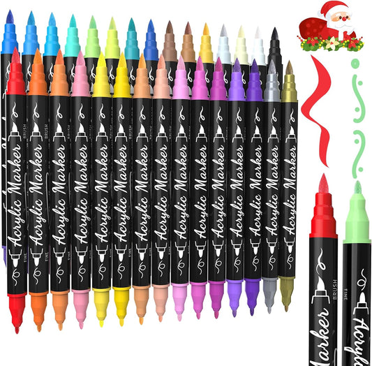 30 Colors Precision Dual Tip Acrylic Paint Markers Pens - Brush & Fine | Performs on Rock, Wood, Paper, Fabric, Egg, Scrapbook, Glass, Ceramic, Canvas, DIY Crafts Art Gift - School Supplies
