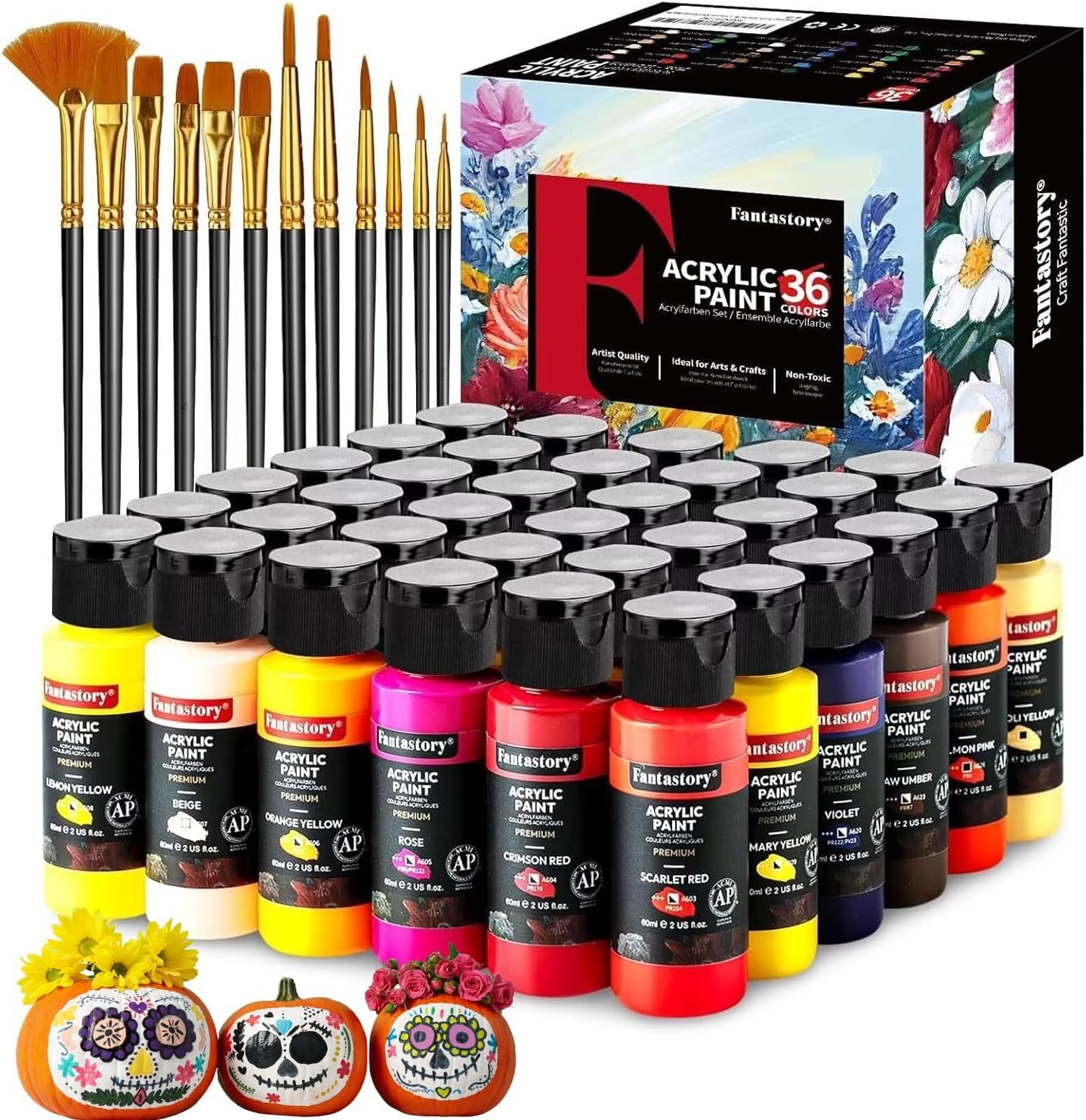 Fantastory 60ml 36 Colors Acrylic Paint Set with 12 Brushes | with 12 Brushes, Chart, Palette, Scraper, Sponge - 3 Metallic, Non-Toxic, Waterproof for Wood, Rock, Canvas, Clay, DIY, 3D