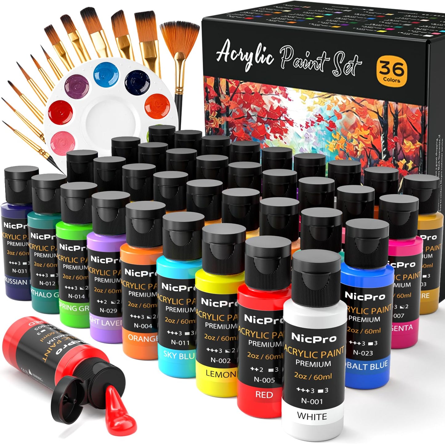 Nicpro Acrylic Paint Set,24 Colors 2oz with 12 Brushes & Palette | Non-Toxic Art Supplies Kit, Rich Pigments for Beginners, Artists, Painting on Fabric, Canvas, Wood, Rock, Ceramic
