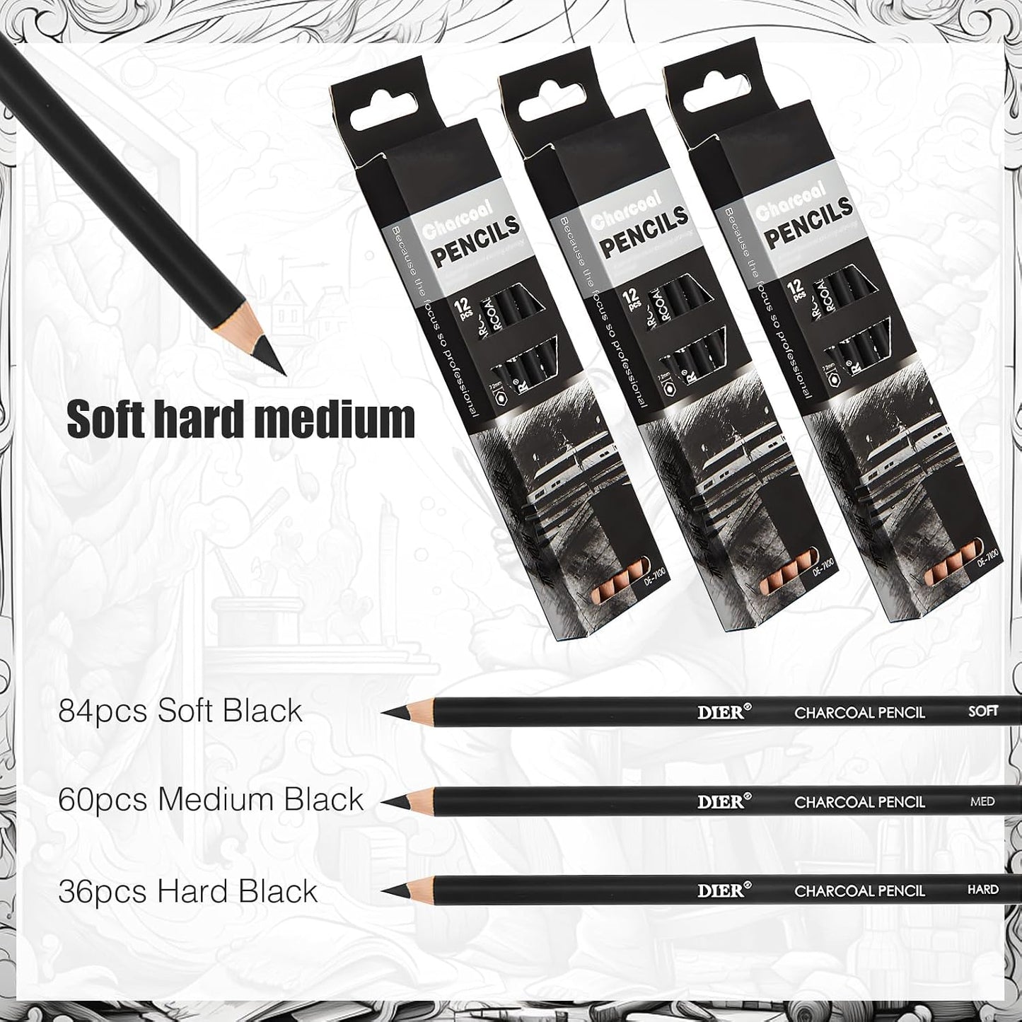 Geyoga 180 Pcs Professional Charcoal Pencils Drawing Bulk Soft Medium and Hard Charcoal Sketch Drawing Pencils for Beginners Artists Shading Sketching