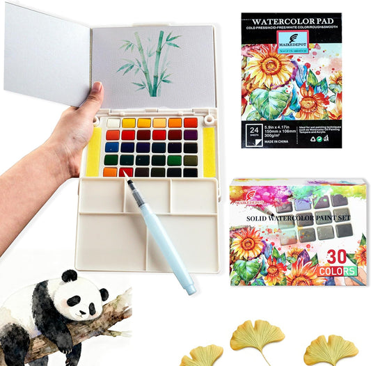 Portable Watercolor Paint Set - 30 Colors Travel Watercolor Kit with Water Brush, 24 Sheets Watercolor Paper, Online Tutorial - Compact Graspable Watercolor Painting Set for Beginners, Artists, Hobbyists, Outdoor Painting