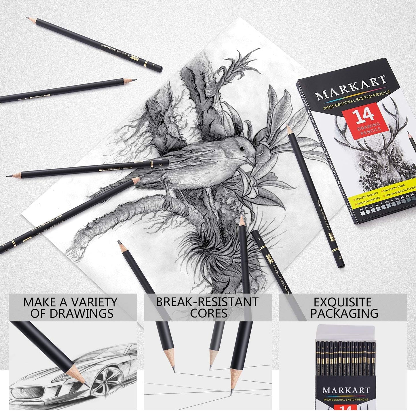 MARKART Drawing Sketching Pencils Set, 14 Pieces, Graphite Pencil(12B - 4H) | Professional Sketch Pencils for Drawing Art, Sketching, Shading & Art Projects , Artist Pencils for Beginners & Pro Artists