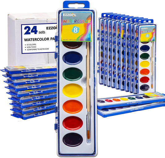 Ezzgol Watercolor Paint Sets, Bulk Pack of 24, 8 Colors | Washable for Kids, Quality Water Color Wooden Brushes, Perfect for Preschool Classroom