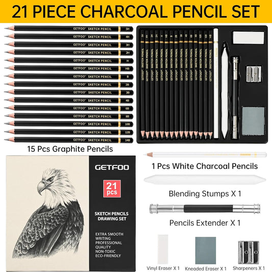 21pc Drawing Sketching Pencil Set Graphite 14B-5H & Charcoal Pencils | Professional Drawing & Sketch Pencil Set, White Charcoal Included, Shading & Blending, for Beginners & Artists