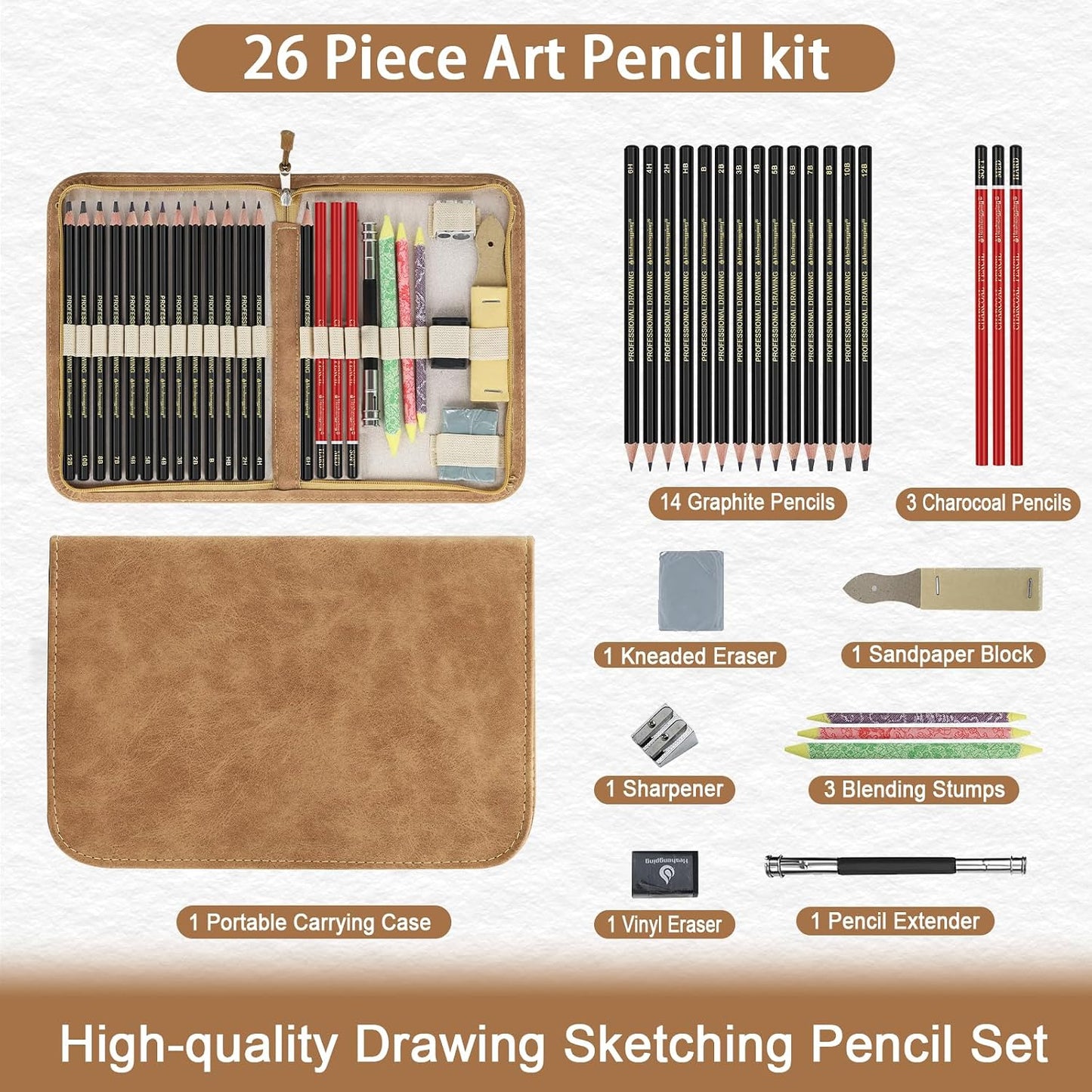 Heshengping, Sketching and Drawing Pencils Set 26pcs, Art Supplies Drawing pencil Kit,Graphite Charcoal Professional Pencils Set, Adults Beginners Artist