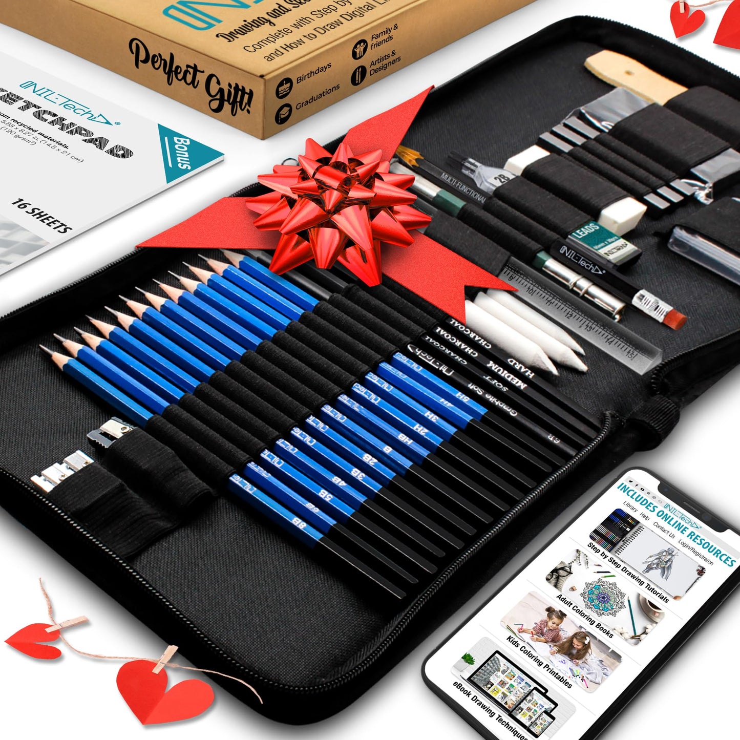 NIL - TECH 55-Piece Drawing Pencil Set – Colored, Graphite & Charcoal Pencils with Case & eBook – Art Supplies Kit for Beginners, Students & Adults – Sketching, Shading & School Gift Set