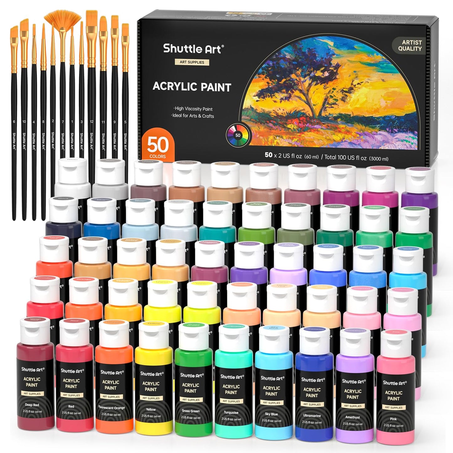 Shuttle Art Acrylic Paint, 25 Colors Acrylic Paint Set, 2oz/60ml Bottles, Rich Pigments Paint for Artists, Beginners and Kids on Canvas Rocks Wood Ceramic Fabric