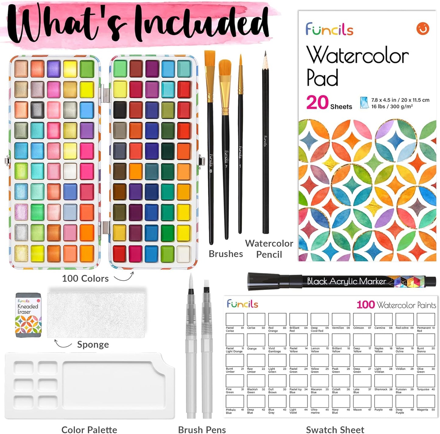100 Watercolor Paint Set for Adults, Beginners - Travel Art Painting Kit | Water Colors Paint for Adult, Professional Artists - Watercolor Palette with Paper, Brushes, Pen - Art Supplies for School