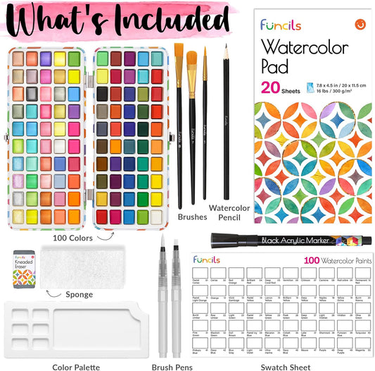 100 Watercolor Paint Set for Adults, Beginners - Travel Art Painting Kit | Water Colors Paint for Adult, Professional Artists - Watercolor Palette with Paper, Brushes, Pen - Art Supplies for School