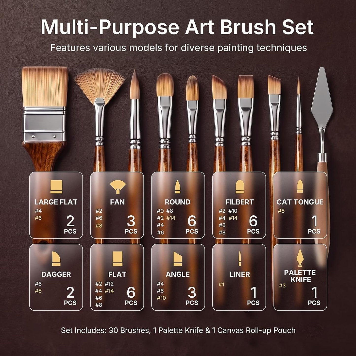 Nicpro 30pcs Paint Brush Set for Acrylic Painting, Oil, Watercolor, Gouache | Professional 9 Shapes No Shedding Synthetic Bristles with Palette Knife & Canvas Roll, Art Supplies for Artists and Beginners