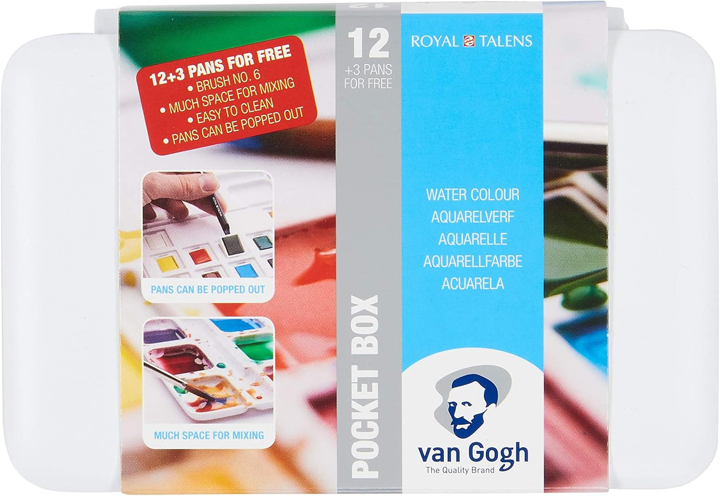Van Gogh Watercolor Paint Set, Plastic Pocketbox, 12-Half Pan + 3-Half Pan Bonus General Selection