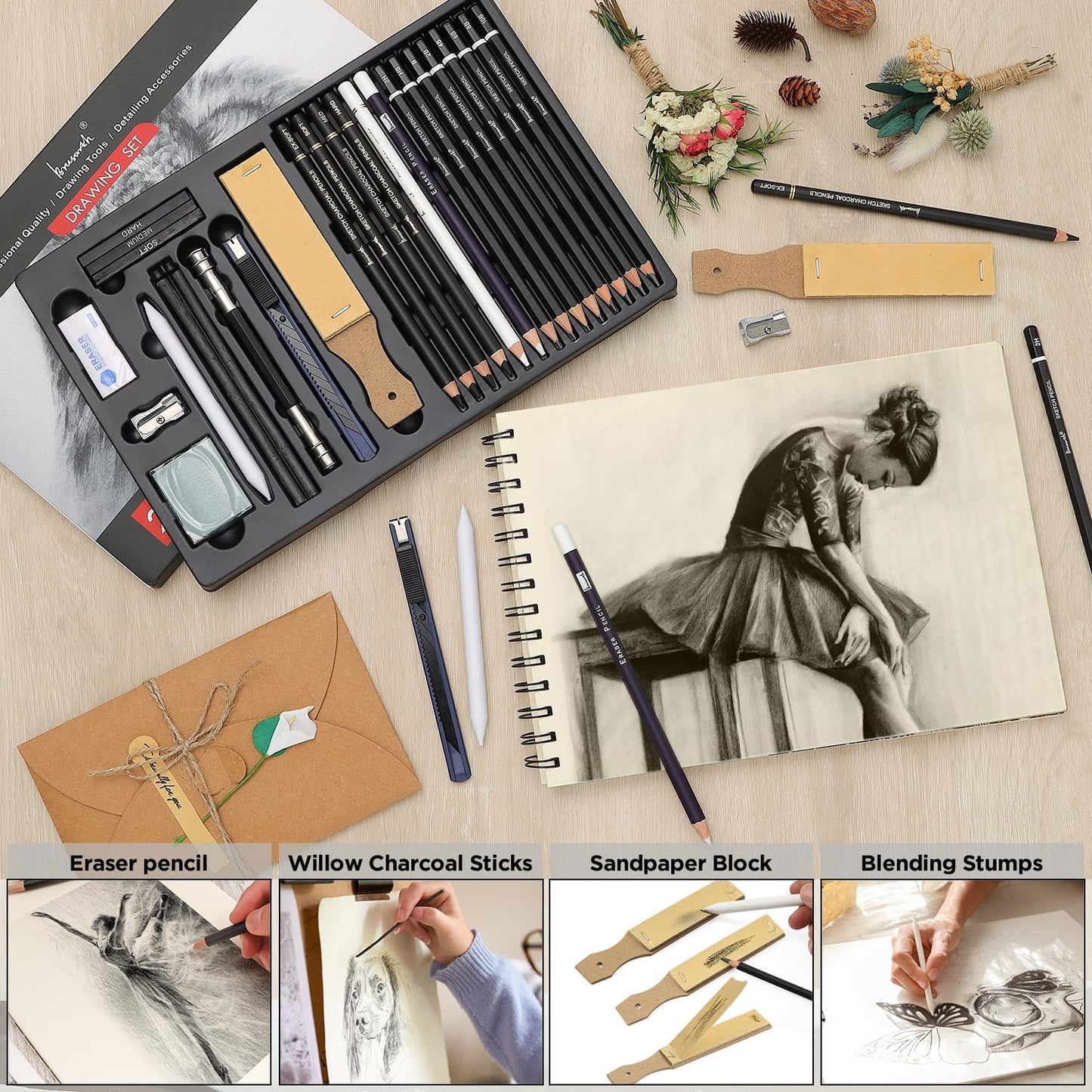 Brusarth Charcoal Pencils for Drawing, Set of 26, Professional Drawing Sketch Pencils, Art Supplies for Sketching, Shading, Blending, Artist Pencils for Beginners & Pro Artists