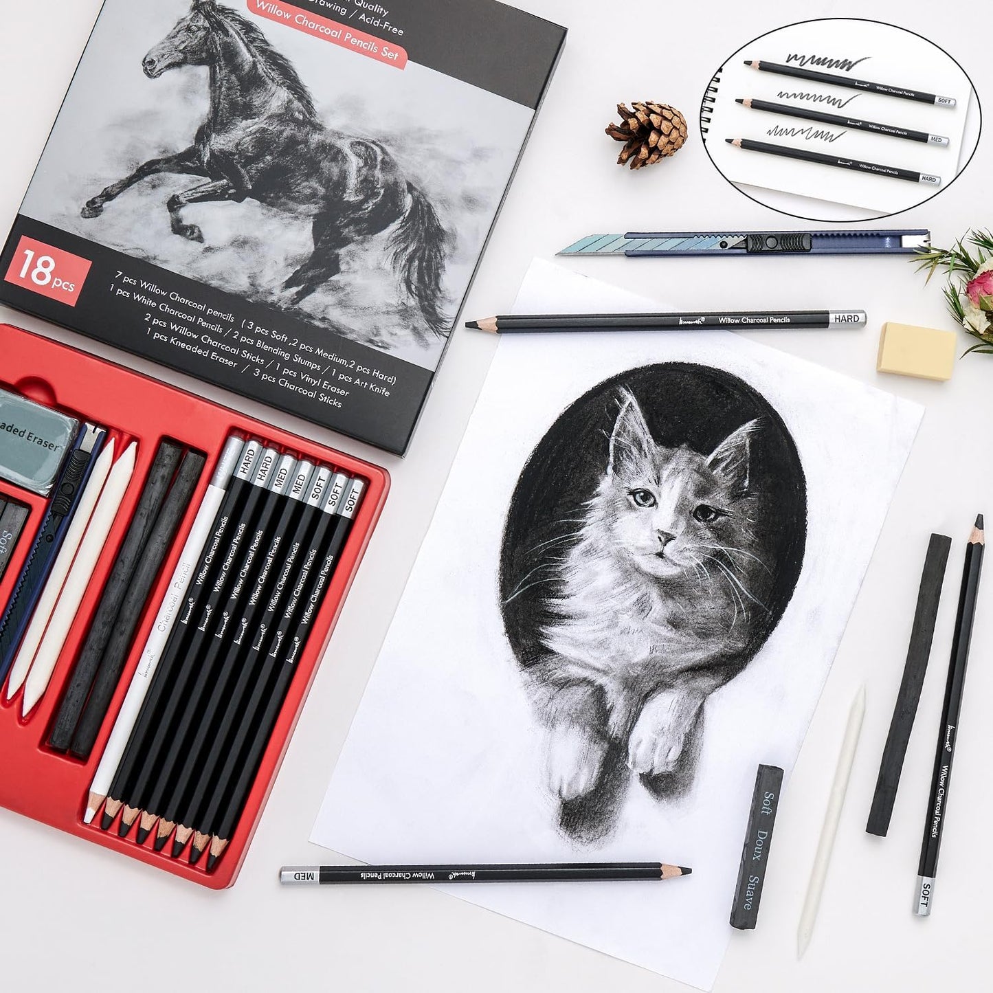 Brusarth 18 Pcs Charcoal Pencils Art Kit for Drawing, Sketching | Art Sketching Pencil Supplies for Drawing, Shading, Sketching, Blending, Artist Pencils for Beginners & Artists