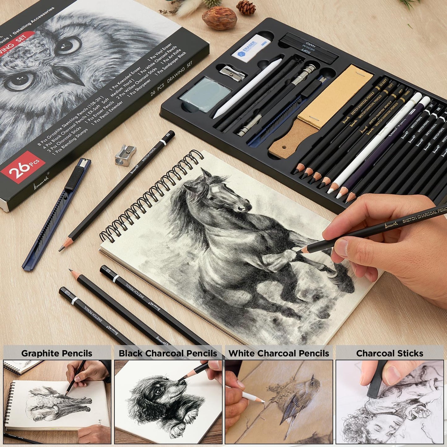 Brusarth Charcoal Pencils for Drawing, Set of 26, Professional Drawing Sketch Pencils, Art Supplies for Sketching, Shading, Blending, Artist Pencils for Beginners & Pro Artists