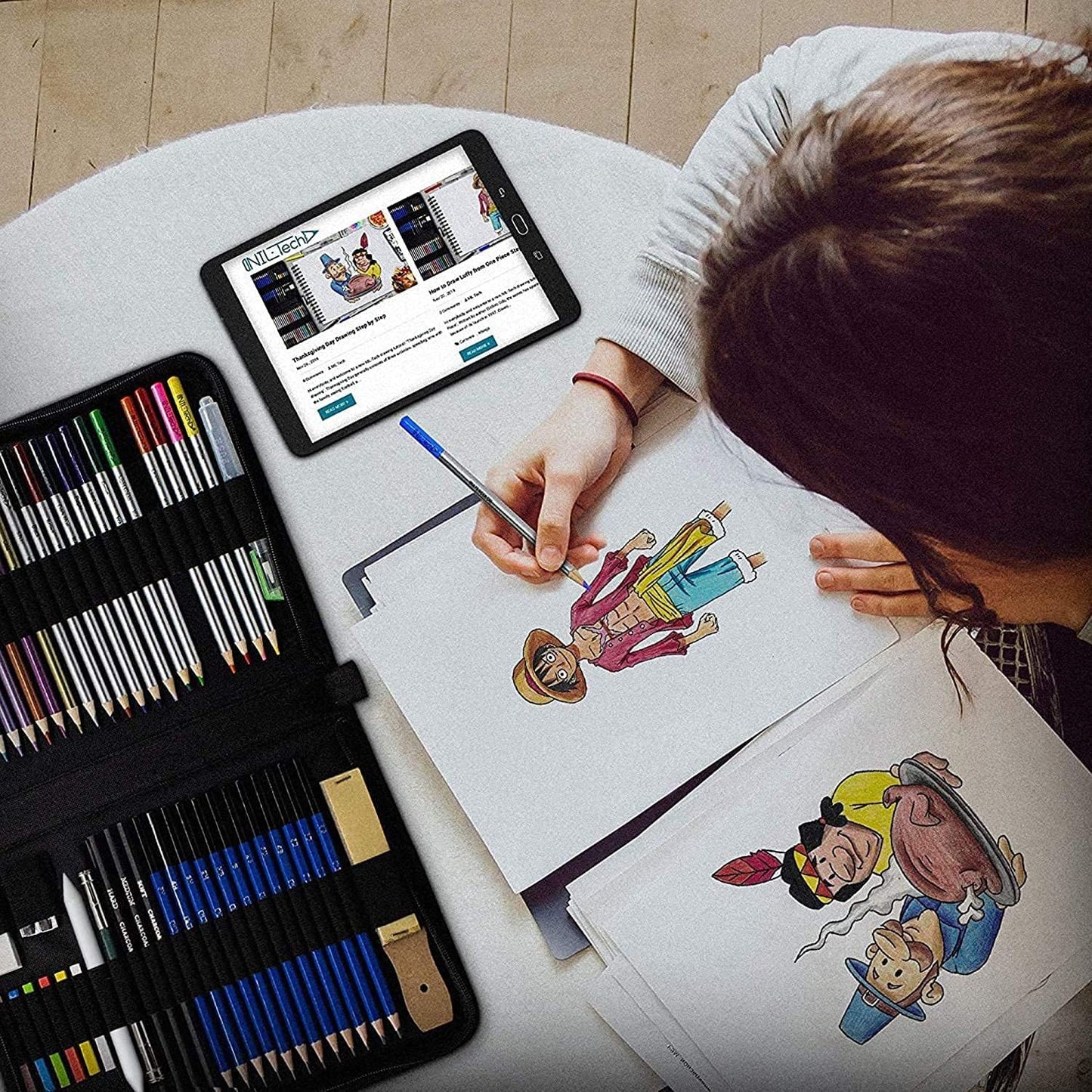 NIL - TECH 55-Piece Drawing Pencil Set – Colored, Graphite & Charcoal Pencils with Case & eBook – Art Supplies Kit for Beginners, Students & Adults – Sketching, Shading & School Gift Set