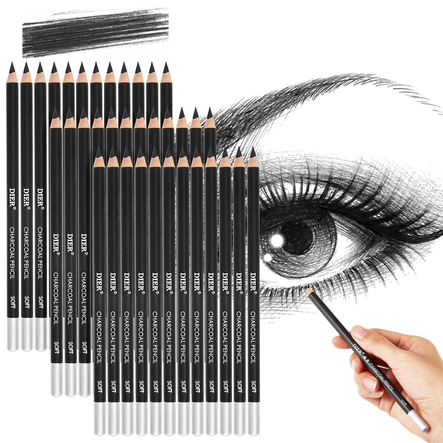Geyoga 36 Pcs Professional Charcoal Pencils Bulk Classroom Set Soft, Medium and Hard for Drawing Charcoal Pencils for Sketching Shading Drawing Blending Portrait(Black,Assorted)