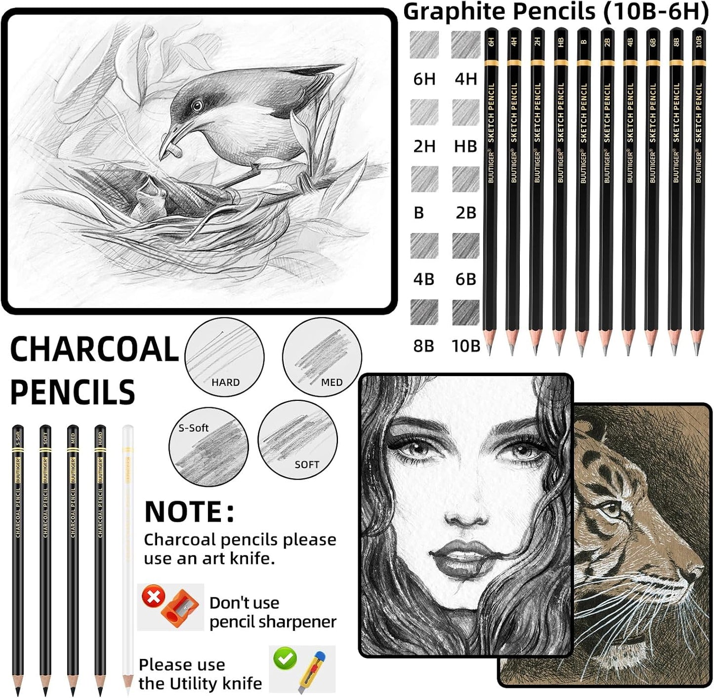 22 PCS Drawing Sketching Pencil Set, Graphite Pencils (10B-6H) | Charcoal Sticks, Blending Stumps, Erasers, Pencil Sharpeners, Drawing Sketching Pencil, Art Pencils for Beginners & Artists