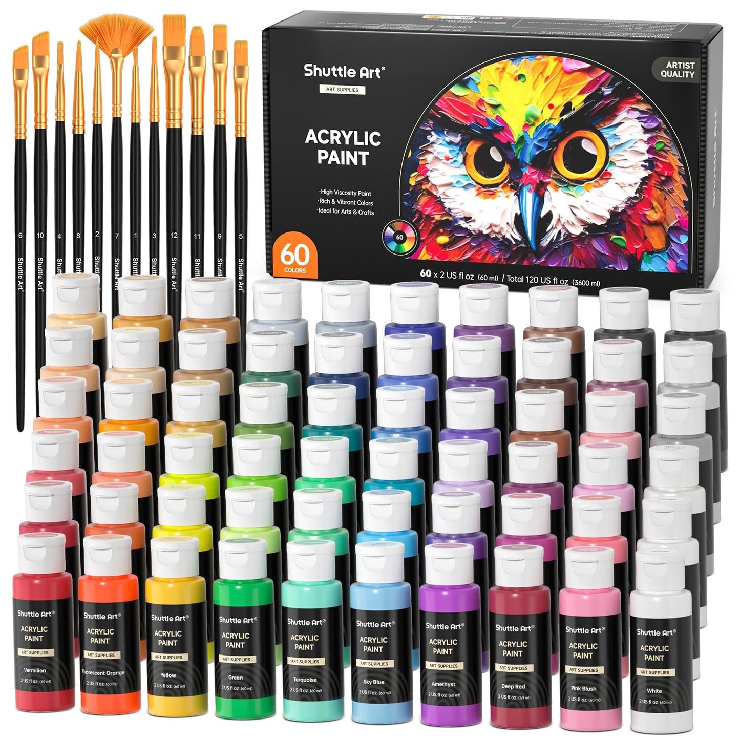 Shuttle Art Acrylic Paint, 36 Colors Acrylic Paint Set with Brushes & Palette, 2oz/60ml Bottles, Rich Pigments Non-toxic for Artists Kids & Adults, Painting on Canvas Rocks Ceramic Wood
