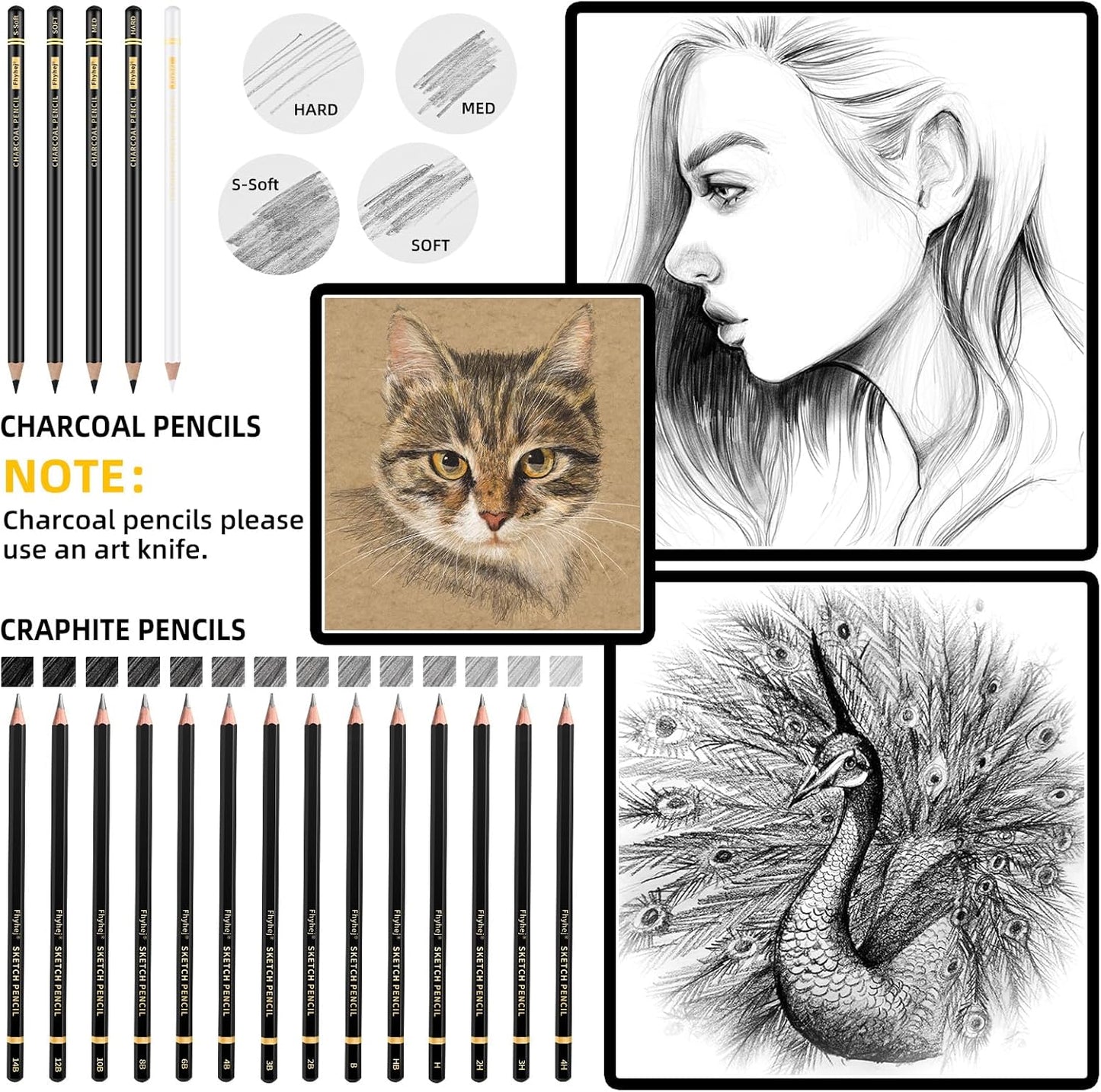 24 Piece Sketch Pencil Set, Graphite Charcoal for Shading Beginners | Graphite Pencils 14B-4H, Charcoal Pencils, White Charcoal, Art Supplies, Shading, Drawing, Sketching, Beginners & Artists