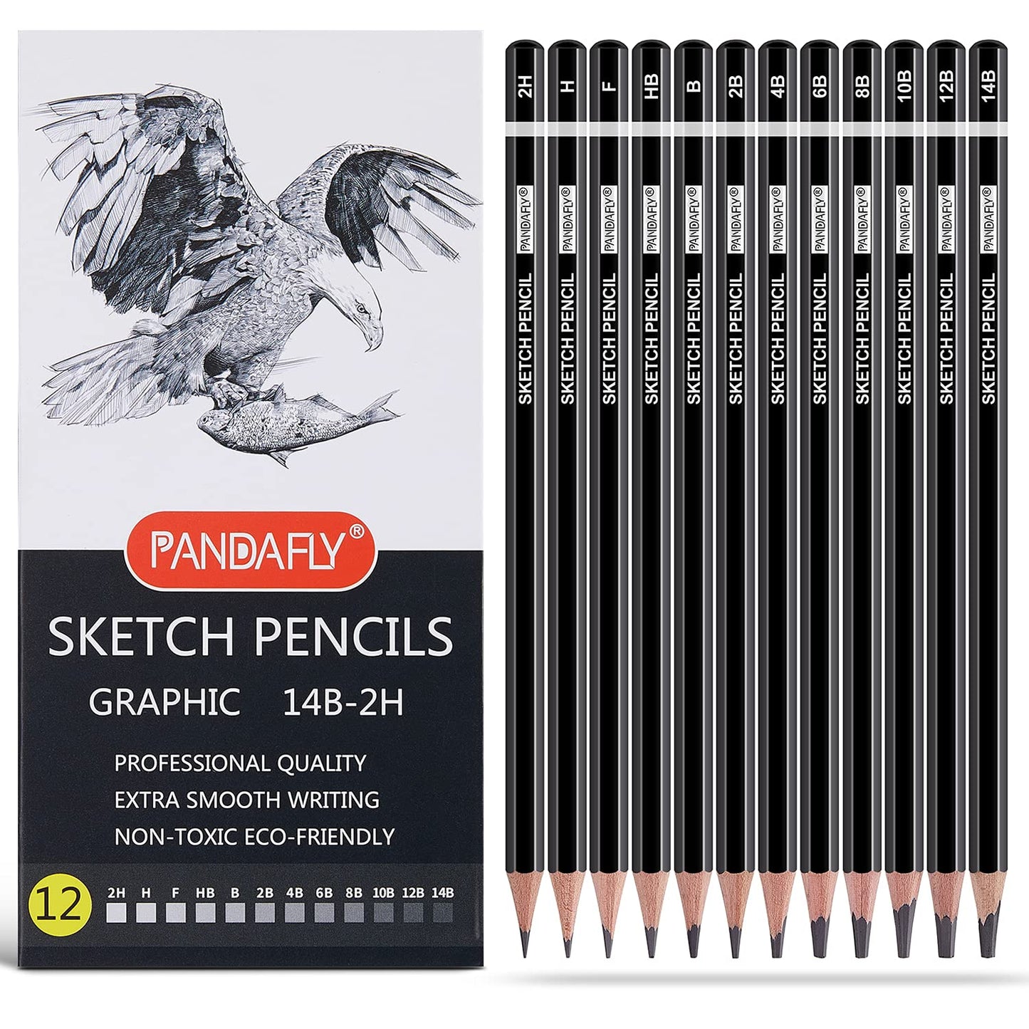 PANDAFLY Drawing Sketching Pencil Set, 22 Piece, Graphite Pencils (12B-2H) | Pro Art Pencil Kit with Black and White Charcoal Pencils, Charcoal Sticks, Stumps, Eraser, Sharpeners, Sketch Set for Artists