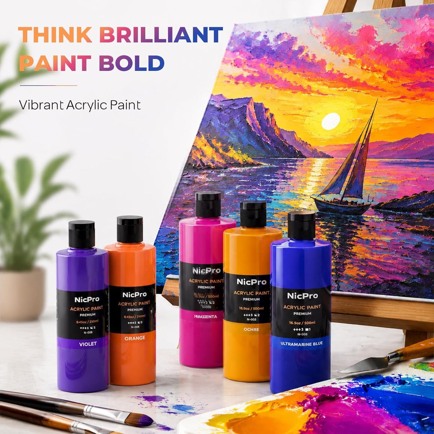 Nicpro 14 Colors Large Bulk Acrylic Paint Set for Artist (16.9 oz, 500 ml) | Rich Art Painting Supplies, Non Toxic for Multi Surface Craft Rock Canvas Wood Ceramic Leather Fabric, for Adult Beginners