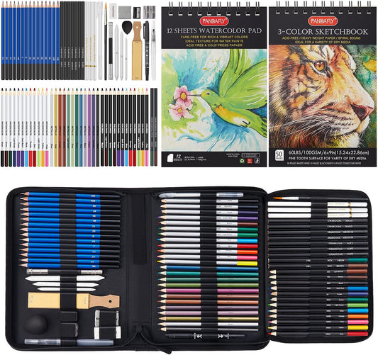 PANDAFLY 80 Drawing Set Sketching Kit, Art Supplies with 3-Color Sketchbook | Watercolor Paper, Include Tutorial, Colored, Graphite, Charcoal, Watercolor & Metallic Pencil, for Beginners & Pro Artists