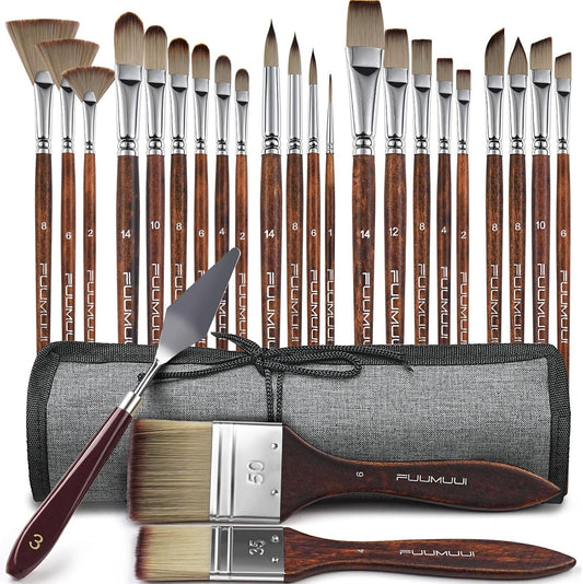 Fuumuui 25pcs Paint Brush Set, Professional 9 Shapes with Wide Flat, Filbert, Fan, Dagger, Cat Tongue, Round, Angle, Rigger for Acrylic Oil Watercolor | Includes Palette Knife & Waterproof Canvas Roll