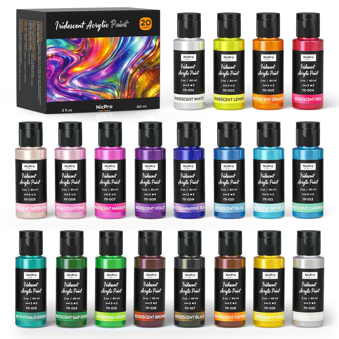 Nicpro 20 Colors Iridescent Acrylic Paint,8.45oz Large Bulk Metallic Paint | Color Shifting Craft Paint, Non-Toxic Art Painting Supplies, For Canvas Fabric Rock Wood with Paint Knife Color Wheel