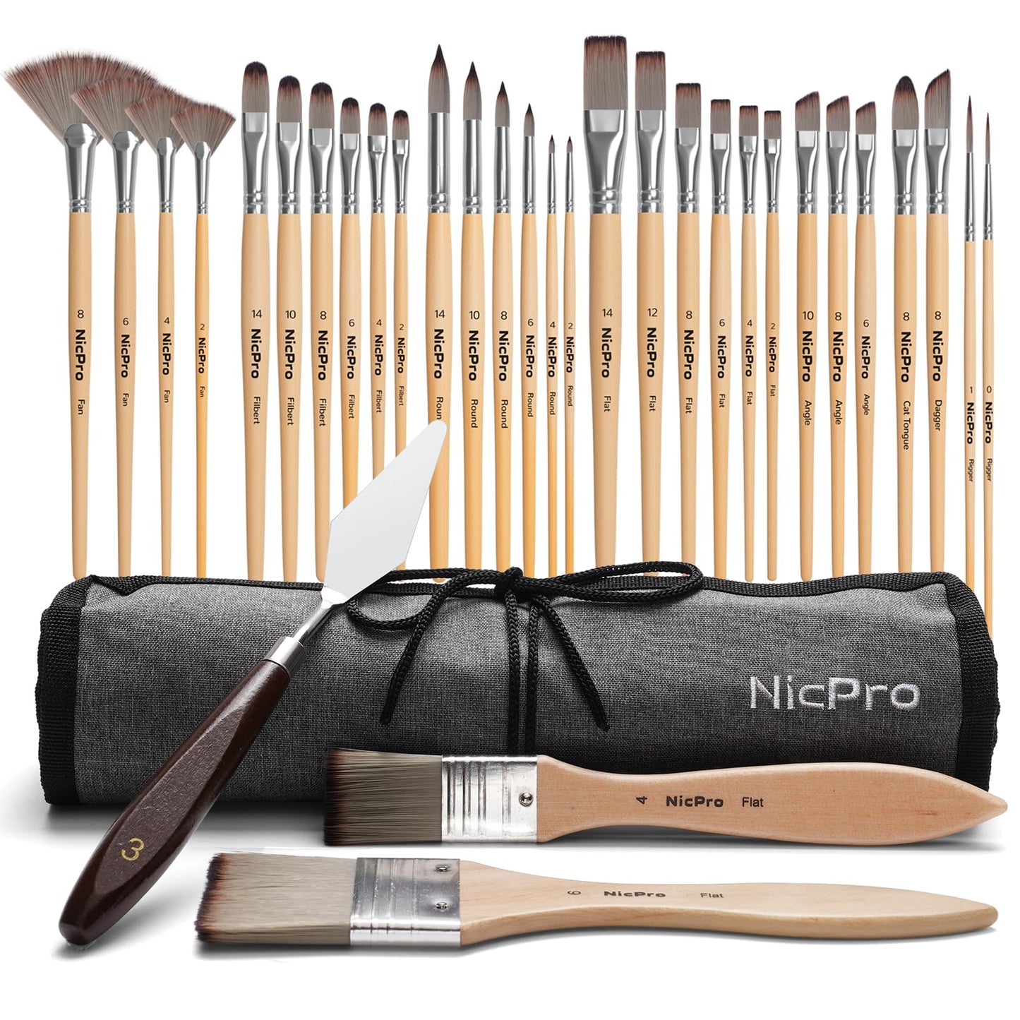 Nicpro 32pcs Paint Brush Set, Acrylic Paint Brushes, Professional Artist Series with Paint Spatula and Cloth Roll, Paintbrushes for Oil, Acrylic Canvas Paintings, Watercolor, Art Supplies