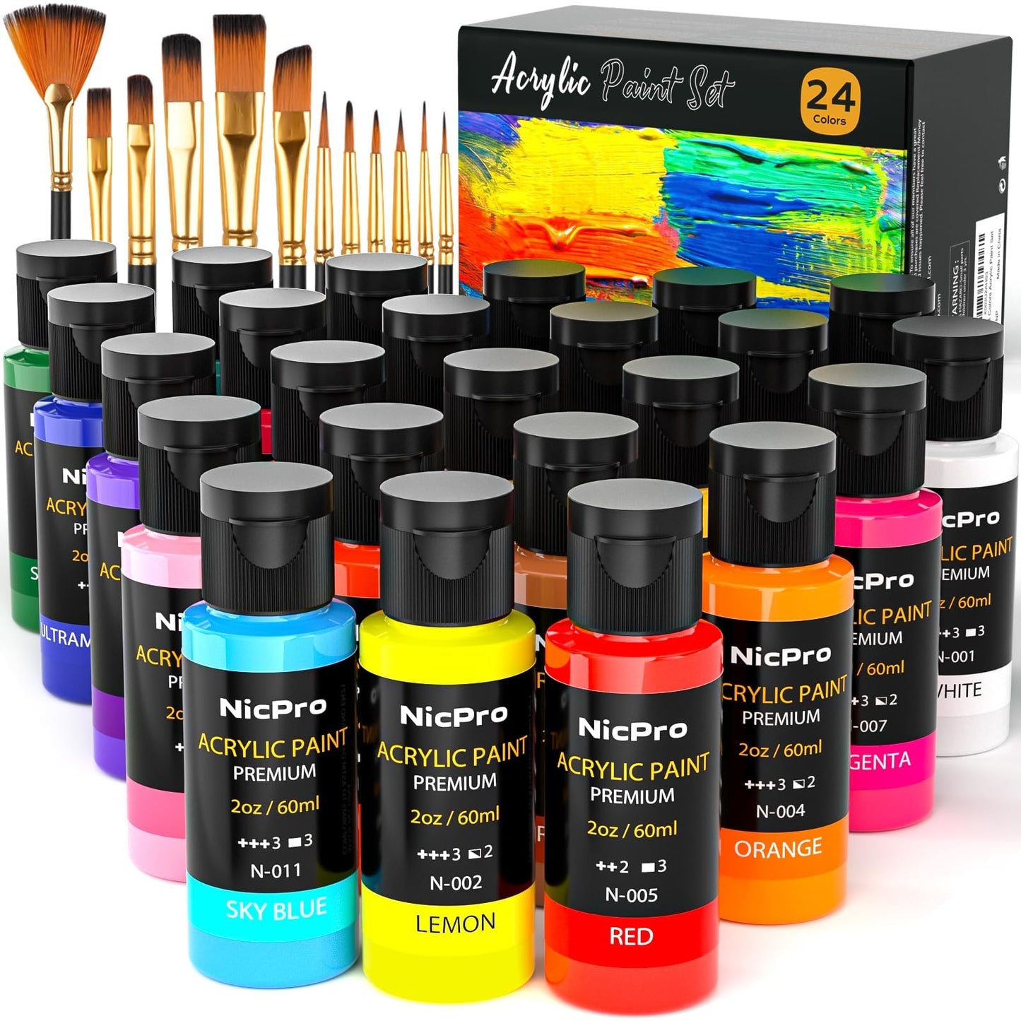 Nicpro Acrylic Paint Set,24 Colors 2oz with 12 Brushes & Palette | Non-Toxic Art Supplies Kit, Rich Pigments for Beginners, Artists, Painting on Fabric, Canvas, Wood, Rock, Ceramic