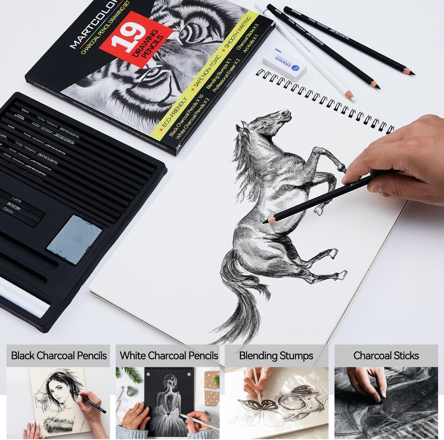 MARTCOLOR Charcoal Drawing Set, 19 Pieces, Black & White Charcoal Pencils | Charcoal Sticks, Blending Stumps, Art Knife, Eraser for Drawing, Sketching, Shading, Artist Pencils for Beginners & Artists