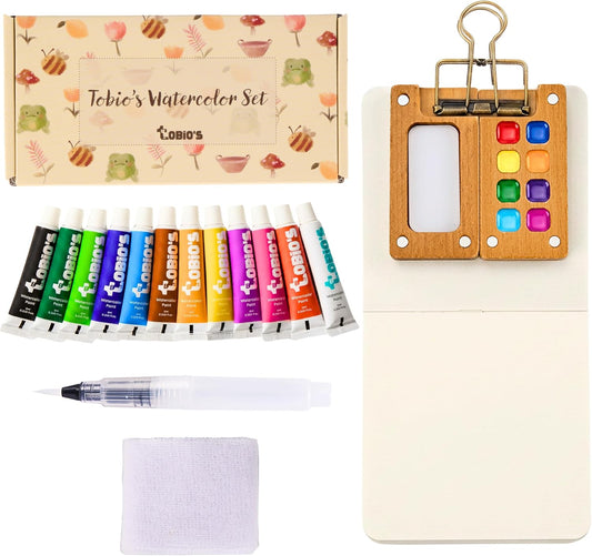 Tobios Watercolor Paint Set, Mini Travel Watercolor Kit with 12 Colors, Refillable Water Brush, Wooden Palette & Sketchbook, Portable Painting Set for Beginners, Journaling & Gifts