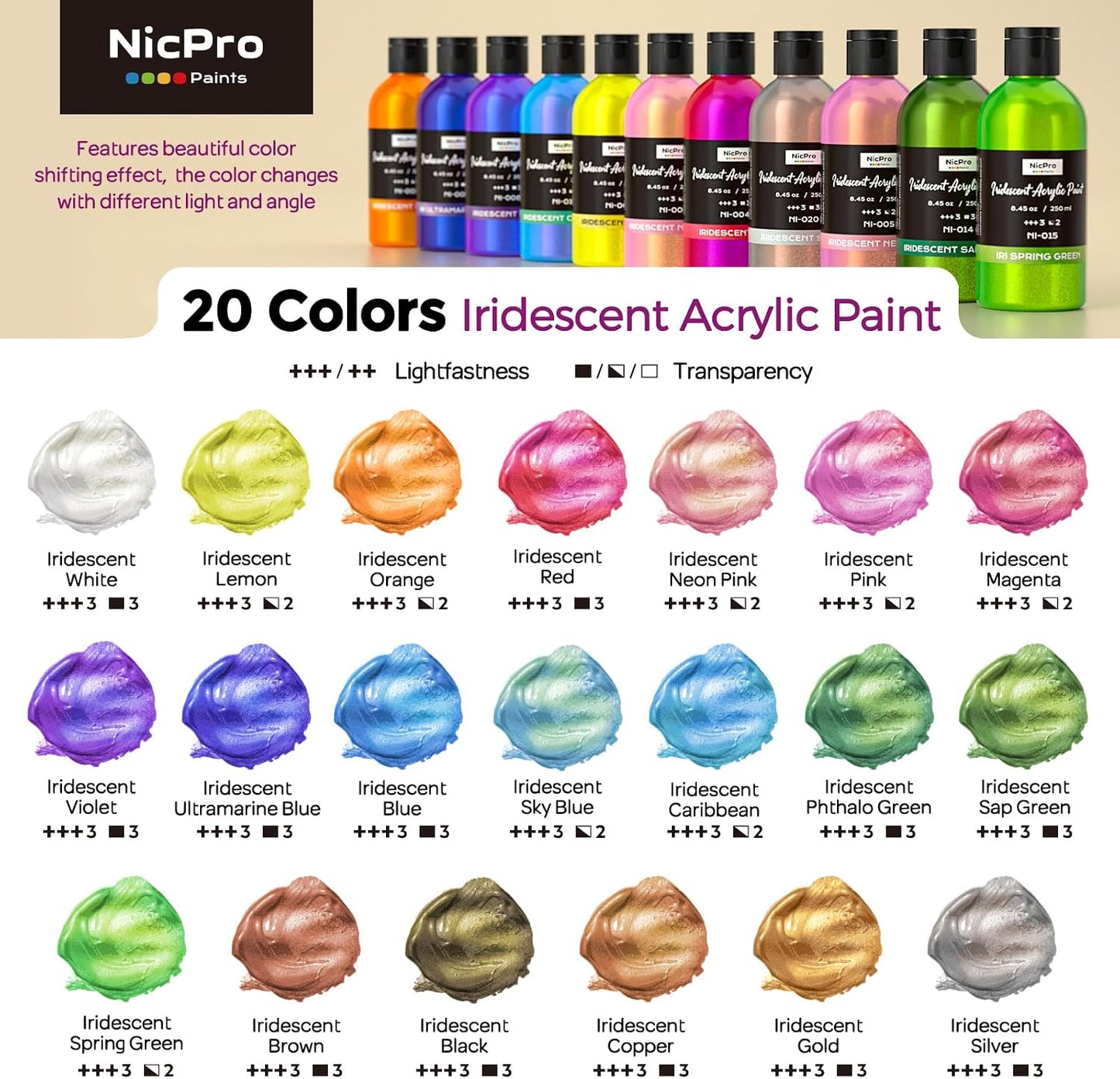 Nicpro 20 Colors Iridescent Acrylic Paint,8.45oz Large Bulk Metallic Paint | Color Shifting Craft Paint, Non-Toxic Art Painting Supplies, For Canvas Fabric Rock Wood with Paint Knife Color Wheel