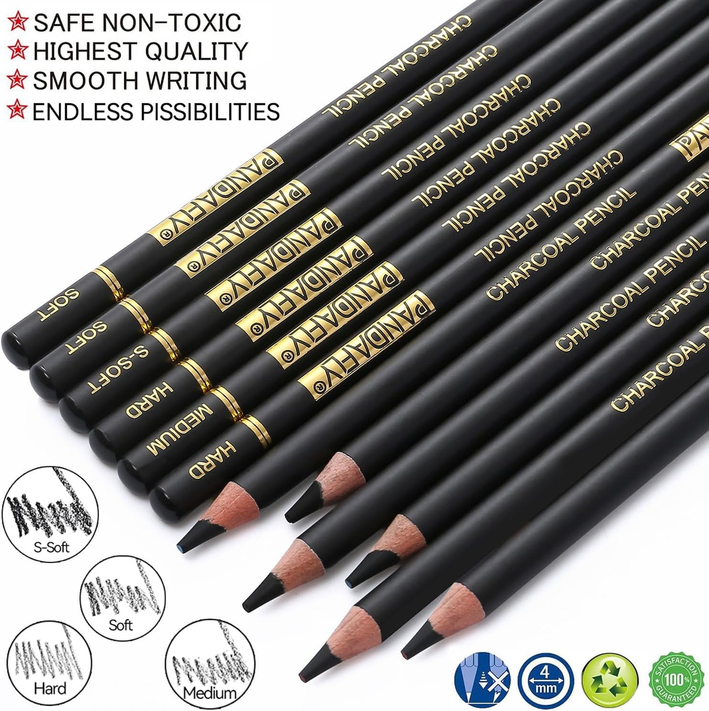 PANDAFLY Charcoal Pencils Set, 12 Pack (Super Soft, Soft, Medium & Hard) | Professional Black Charcoal Pencils for Drawing Sketching Shading, Charcoal Drawing Set for Beginners & Pro Artists