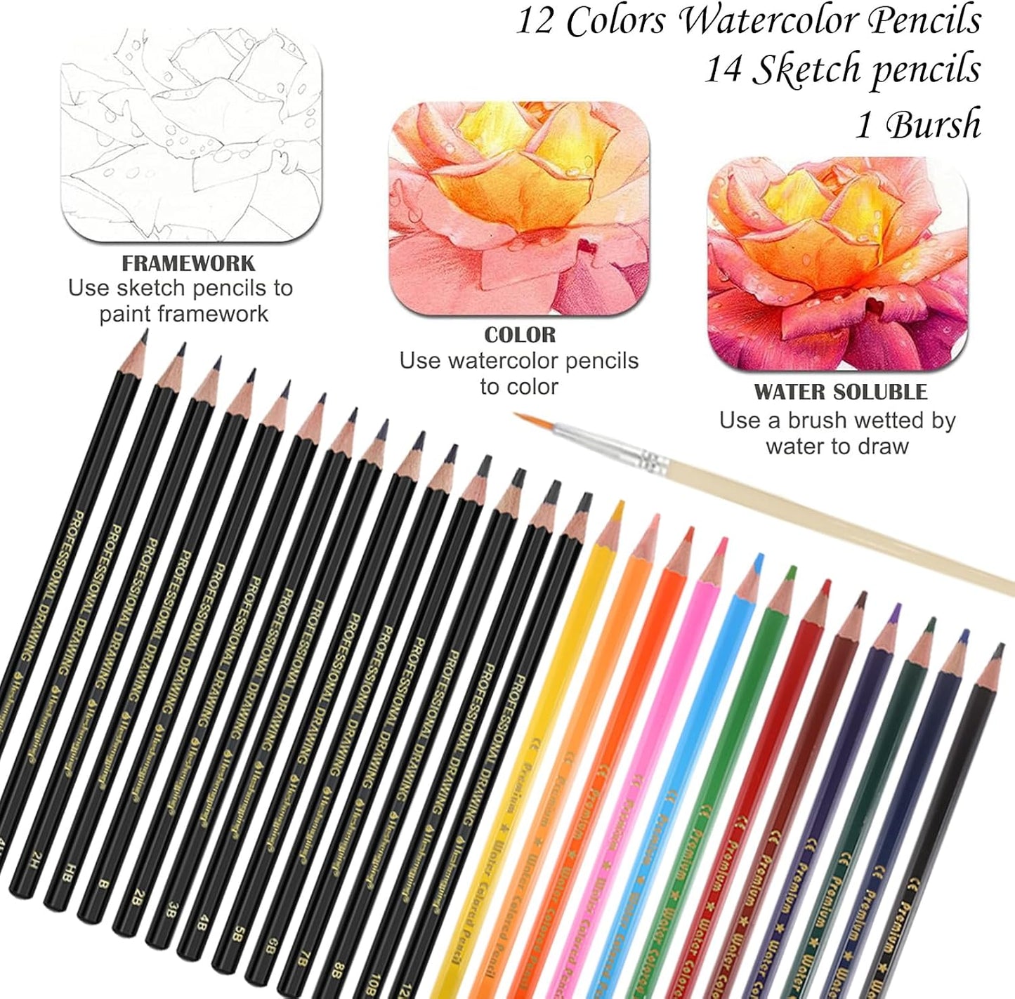 Heshengping, Sketching Pencil Set Drawing Pen Charcoal Sketch Kit Cover Graphite Charcoal Watercolor Pencils Paper Erasable Pen Beginners Artist Children and Adults(39pcs Art Supplies)