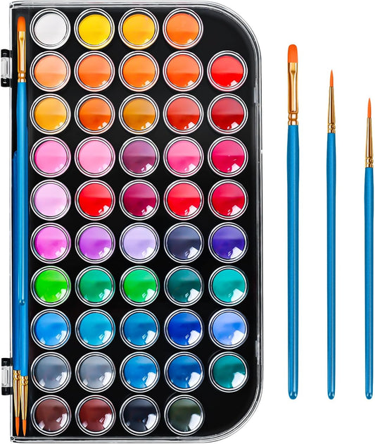 48 Color Solid Watercolor Paint Set with 3 Wooden Brushes for Adults Kids | Washable Watercolor Kit, Safe and Non-Toxic, Detachable Palette, Portable, Ideal Gift for Beginners, Children, Students